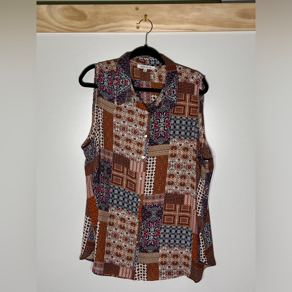 Rose+Olive Sleeveless Blouse Patchwork Paisley Button Down Women Size 2X Boho
